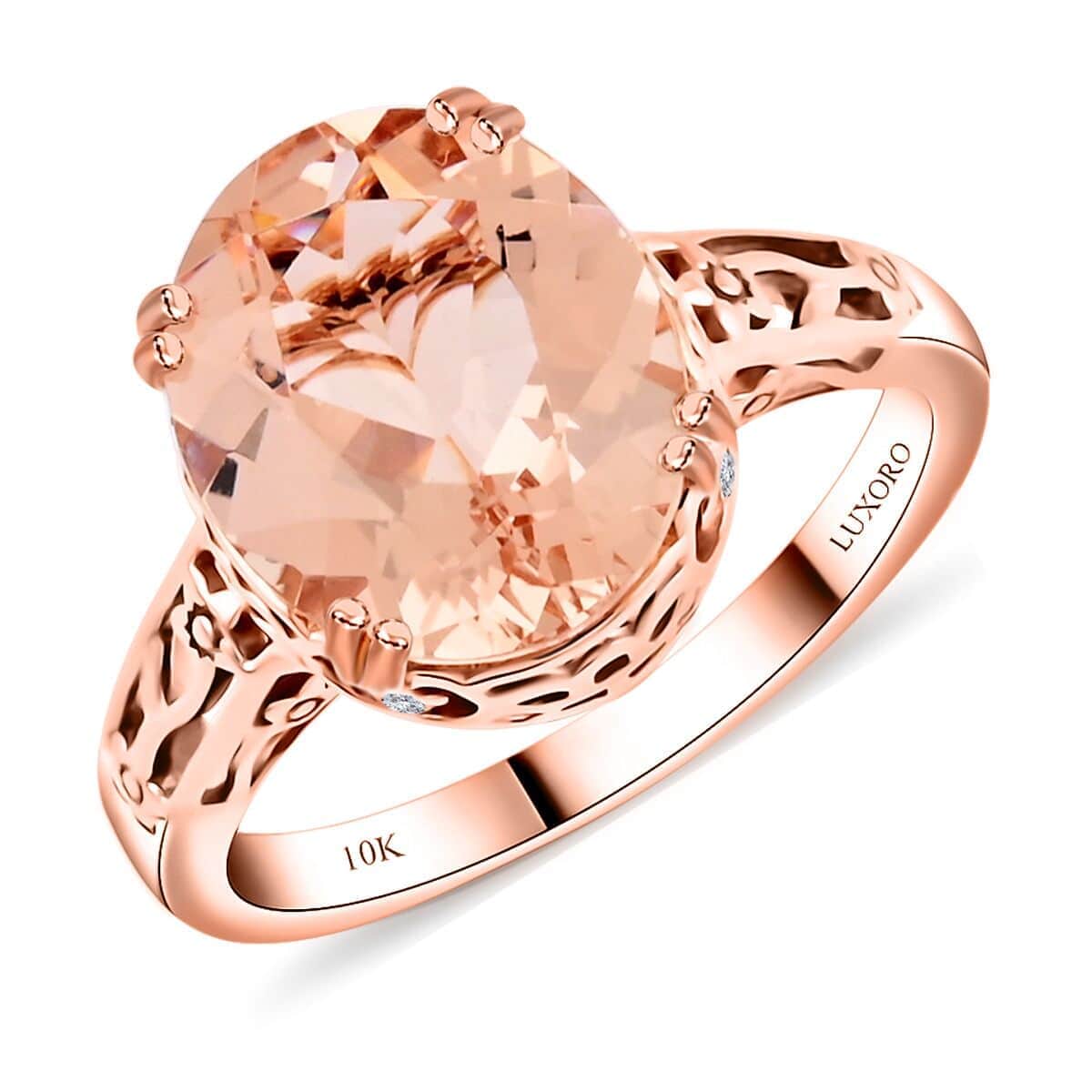 Certified & Appraised Luxoro AAA Marropino Morganite and G-H I2 Diamond 4.15 ctw Ring in 10K Rose Gold (Size 5.0) image number 0