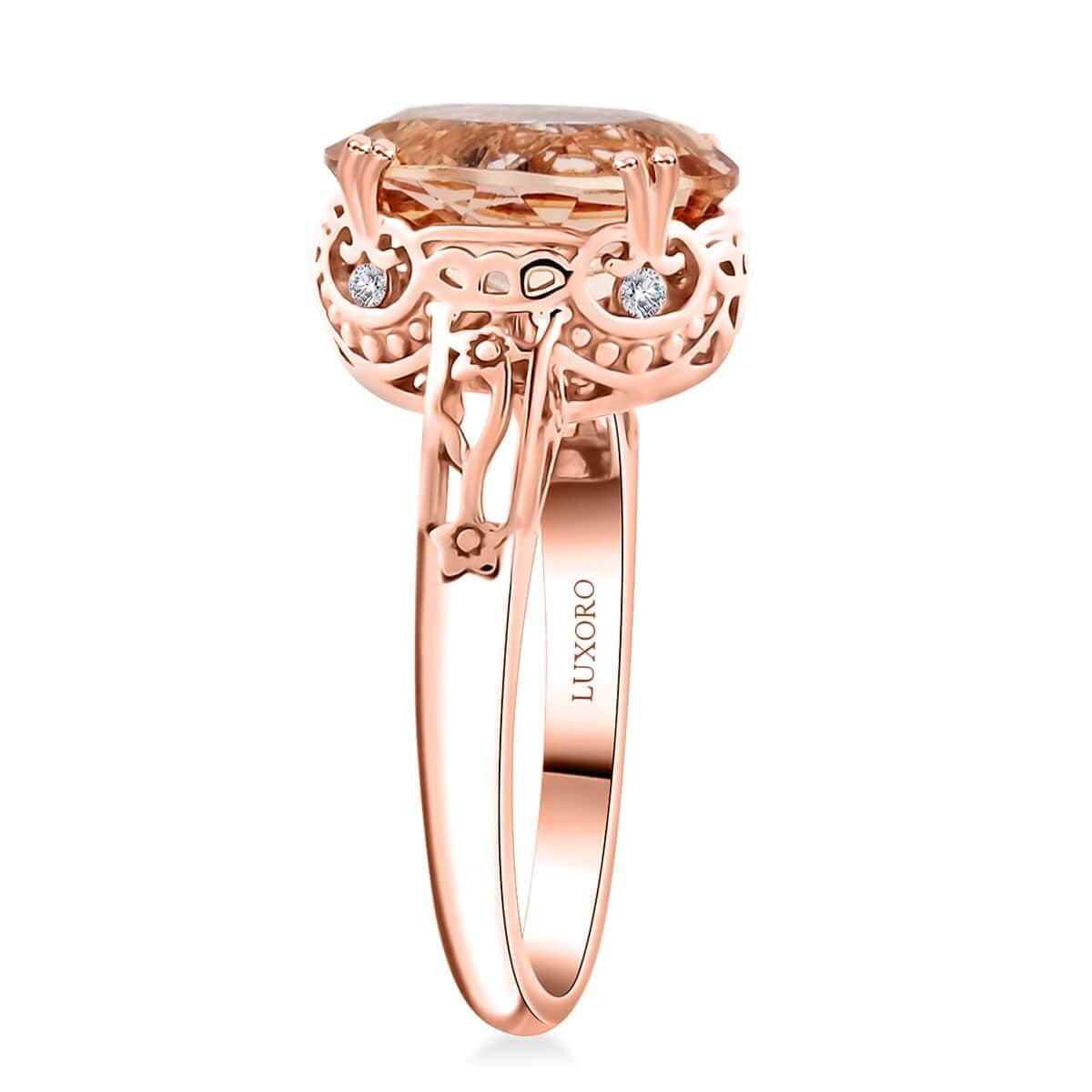 Certified & Appraised Luxoro AAA Marropino Morganite and G-H I2 Diamond 4.15 ctw Ring in 10K Rose Gold (Size 5.0) image number 3