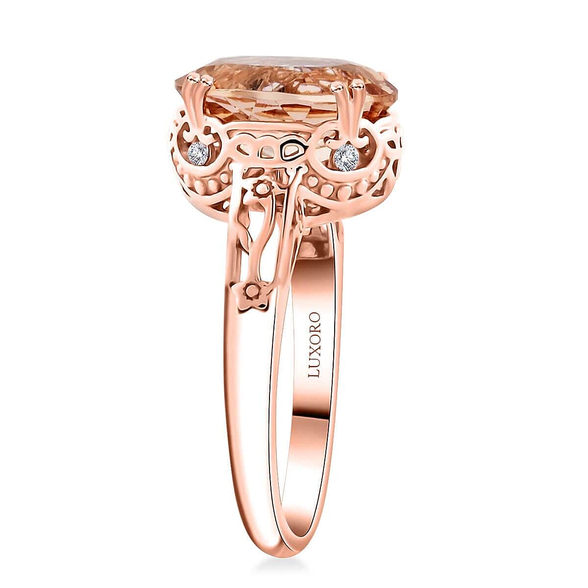 Certified & Appraised Luxoro AAA Marropino Morganite and G-H I2 Diamond 4.15 ctw Ring in 10K Rose Gold (Size 8.5) image number 3