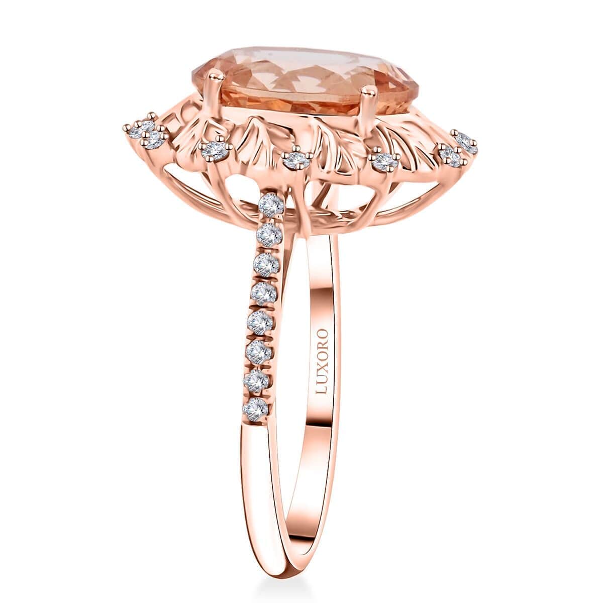 Certified & Appraised Luxoro AAA Marropino Morganite and G-H I2 Diamond 4.40 ctw Ring in 10K Rose Gold (Size 10.0) 4.10 Grams image number 3