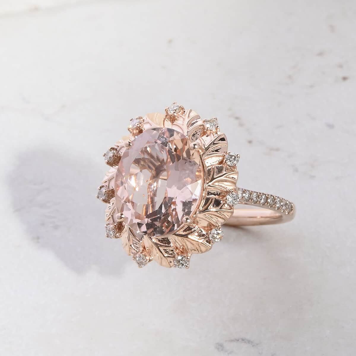 Certified & Appraised Luxoro AAA Marropino Morganite and G-H I2 Diamond 4.40 ctw Ring in 10K Rose Gold (Size 6.0) 4.10 Grams image number 1