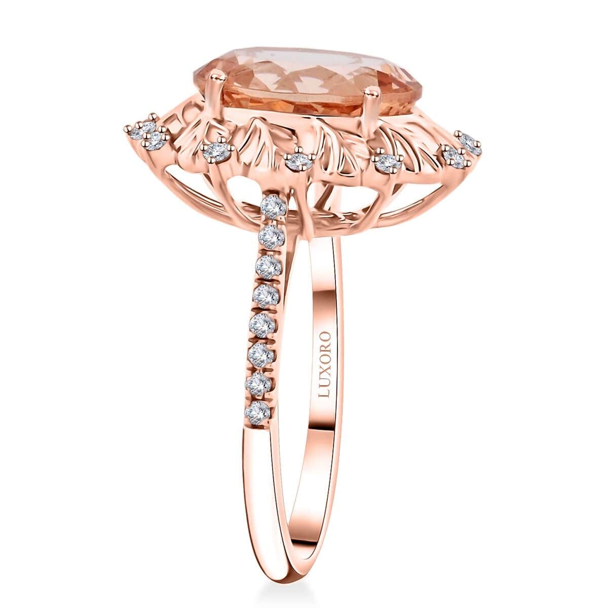 Certified & Appraised Luxoro AAA Marropino Morganite and G-H I2 Diamond 4.40 ctw Ring in 10K Rose Gold (Size 8.5) 4.10 Grams image number 3