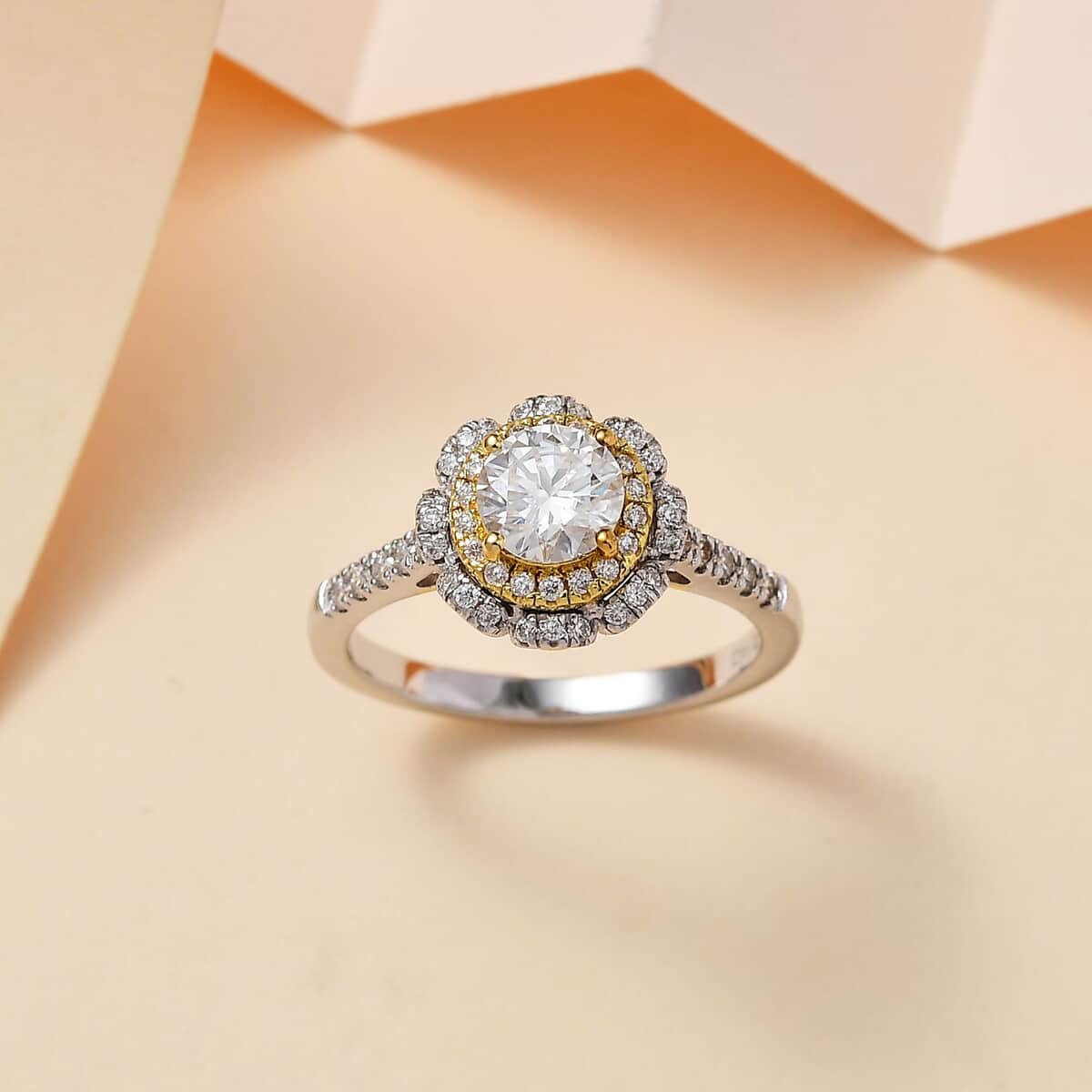 Moissanite Double Halo Ring in Vermeil Yellow Gold and Platinum Over Sterling Silver (Size 7.0) 1.30 ctw image number 1