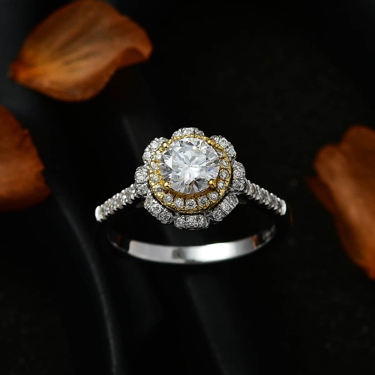 Moissanite Double Halo Ring in Vermeil Yellow Gold and Platinum Over Sterling Silver (Size 7.0) 1.30 ctw image number 2