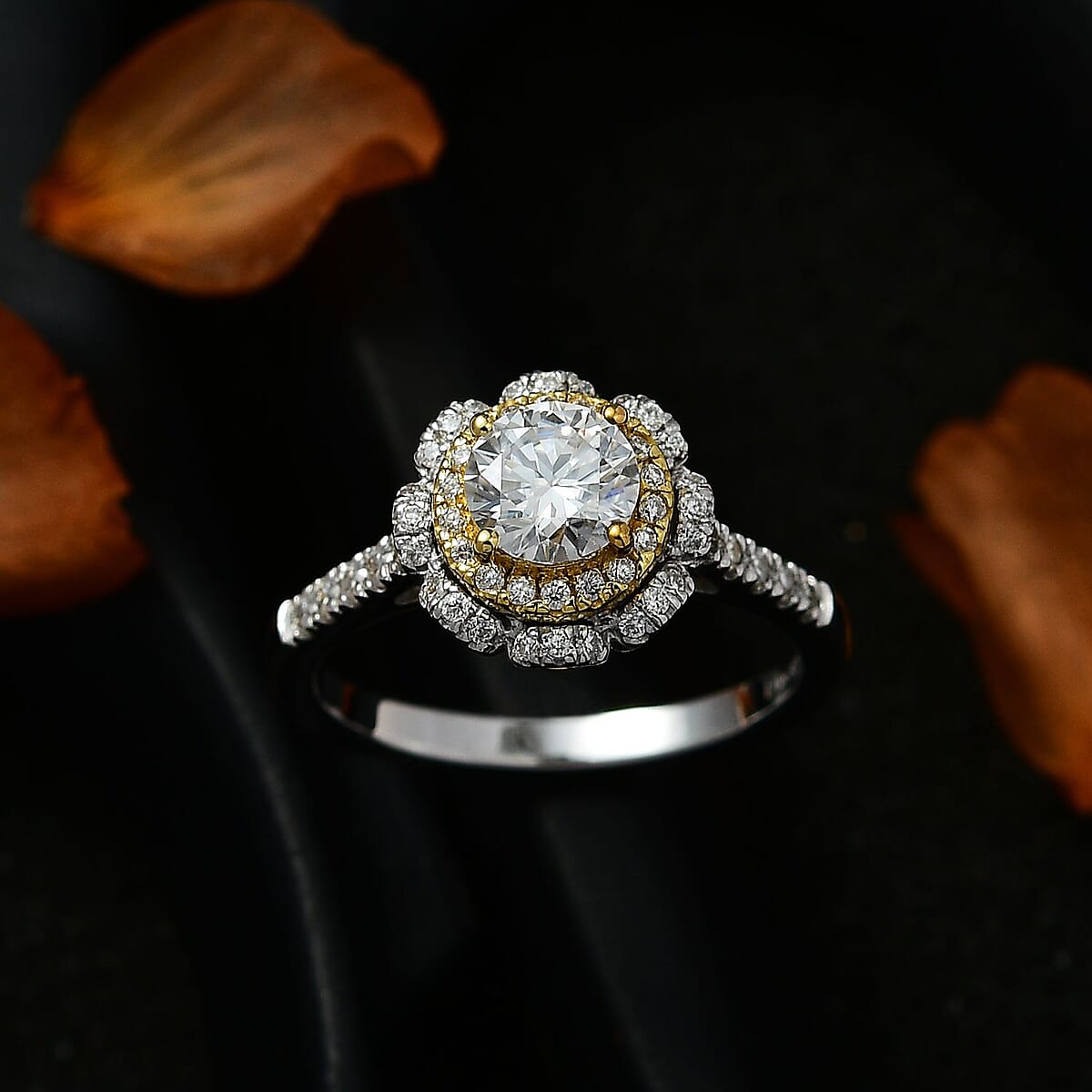 Moissanite Double Halo Ring in Vermeil Yellow Gold and Platinum Over Sterling Silver (Size 8.0) 1.30 ctw image number 2