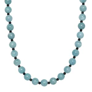 Aquamarine and Thai Black Spinel Beaded Necklace 20 Inches in Rhodium Over Sterling Silver 190.00 ctw