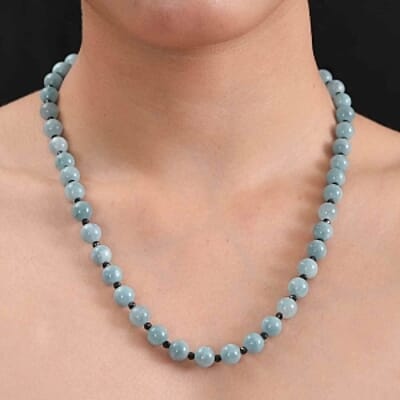 Aquamarine and Thai Black Spinel 190.00 ctw Beaded Necklace in Rhodium Over Sterling Silver 20 Inches