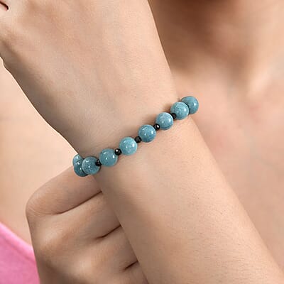 Aquamarine and Thai Black Spinel 63.00 ctw Beaded Bracelet in Rhodium Over Sterling Silver (7.25 In)