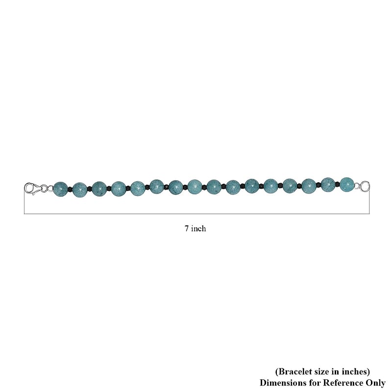 Aquamarine and Thai Black Spinel 63.00 ctw Beaded Bracelet in Rhodium Over Sterling Silver (7.25 In)