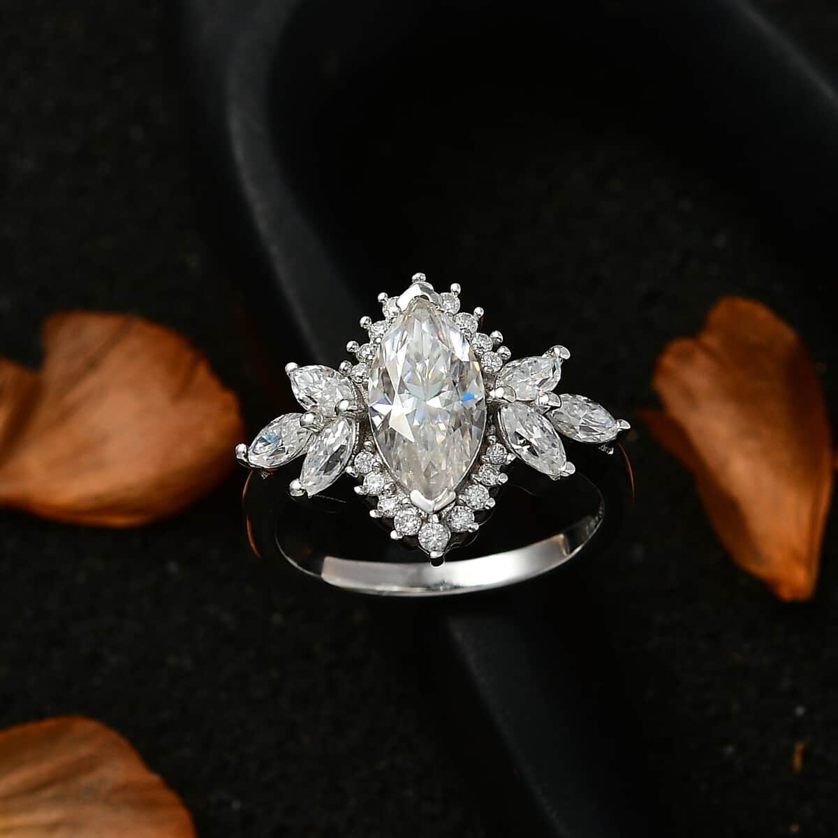 Moissanite (Mrq 12x6mm) Ring in Platinum Over Sterling Silver (Size 10.0) 2.65 ctw image number 2