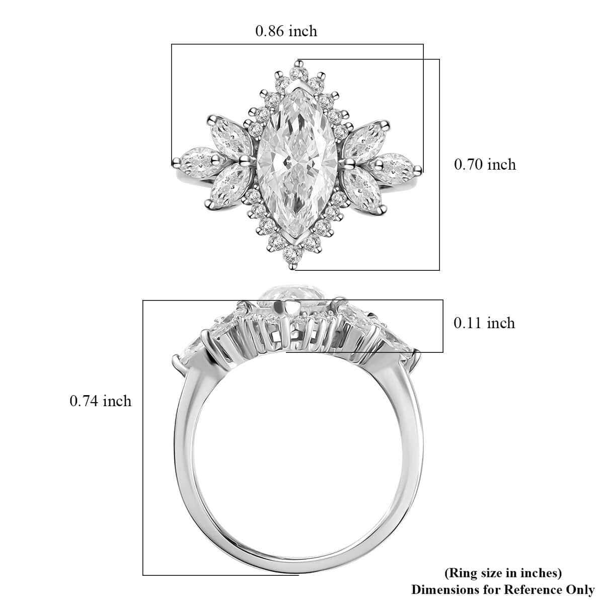 Moissanite (Mrq 12x6mm) Ring in Platinum Over Sterling Silver (Size 10.0) 2.65 ctw image number 6