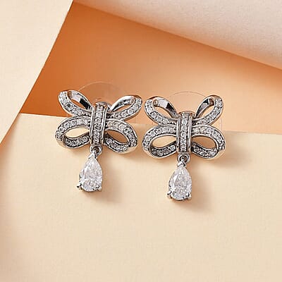 Moissanite Bow Earrings in Platinum Over Sterling Silver 1.30 ctw