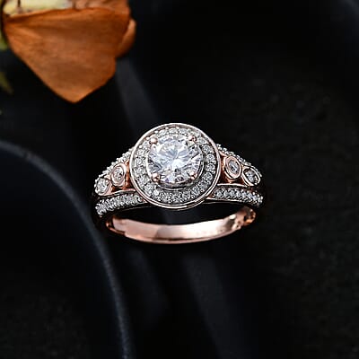 Moissanite Halo Ring in Vermeil Rose Gold Over Sterling Silver (Size 5.0) 1.10 ctw