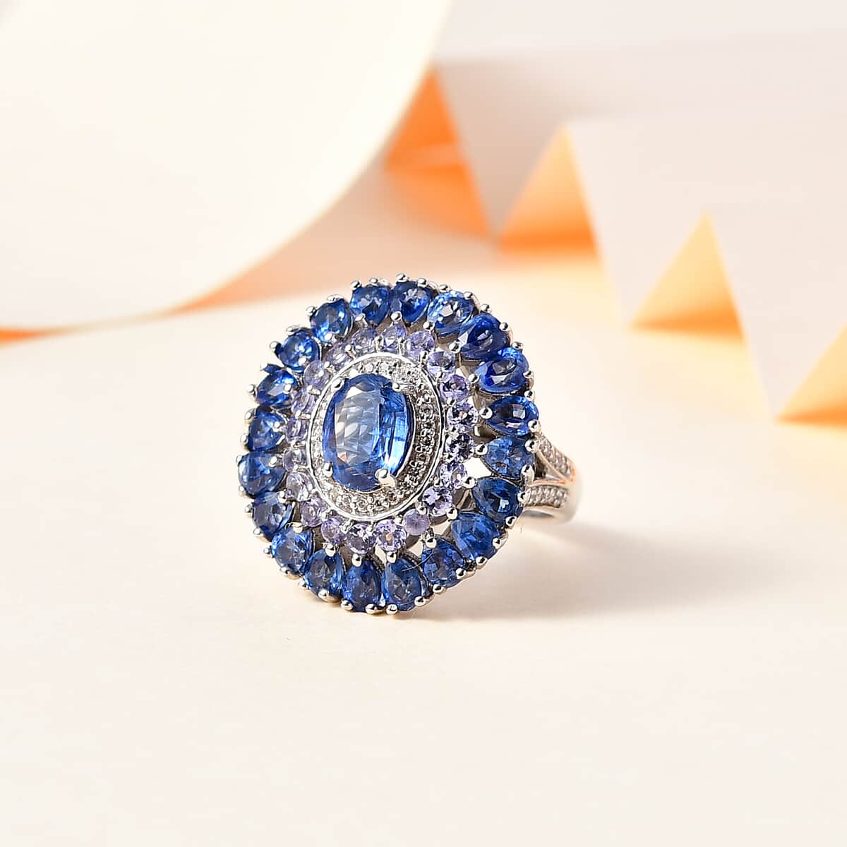 Premium Kashmir Kyanite, Multi Gemstone Floral Spray Ring in Platinum Over Sterling Silver (Size 10.0) 8.20 ctw image number 1