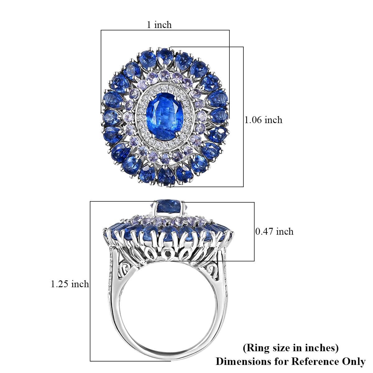 Premium Kashmir Kyanite, Multi Gemstone Floral Spray Ring in Platinum Over Sterling Silver (Size 10.0) 8.20 ctw image number 5