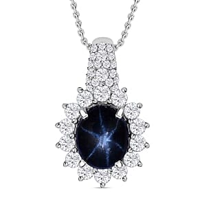 Blue Star Sapphire (DF) and Moissanite 7.54 ctw Pendant in Rhodium Over Sterling Silver