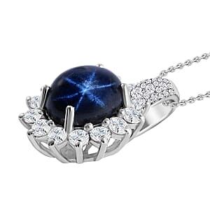 Blue Star Sapphire (DF) and Moissanite 7.54 ctw Pendant in Rhodium Over Sterling Silver