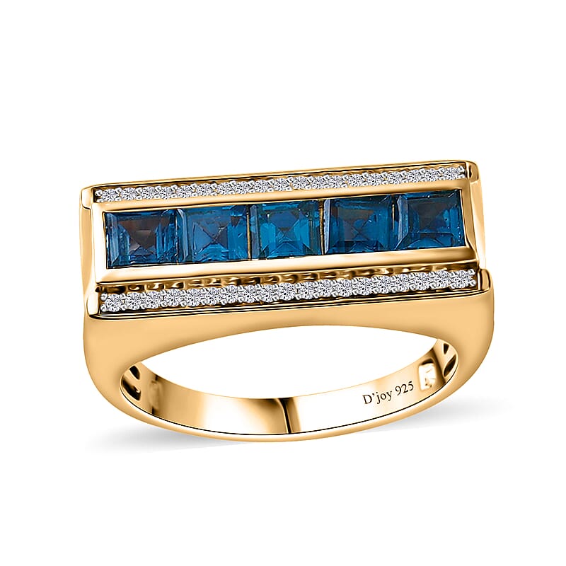 London Blue Topaz and White Zircon Men's Ring in Vermeil Yellow Gold Over Sterling Silver (Size 10.0) 2.50 ctw