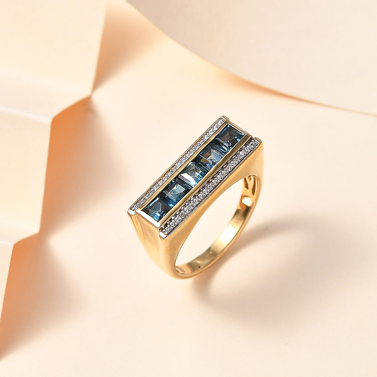 London Blue Topaz and White Zircon Men's Ring in Vermeil Yellow Gold Over Sterling Silver (Size 10.0) 2.50 ctw