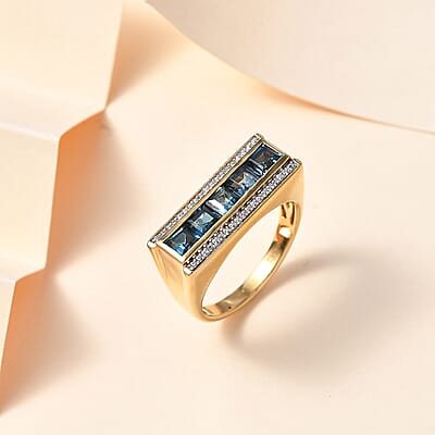 London Blue Topaz and White Zircon Men's Ring in Vermeil Yellow Gold Over Sterling Silver (Size 10.0) 2.50 ctw