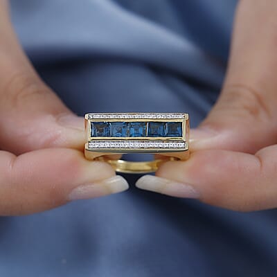 London Blue Topaz and White Zircon Men's Ring in Vermeil Yellow Gold Over Sterling Silver (Size 10.0) 2.50 ctw