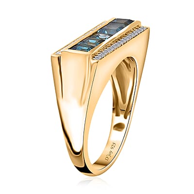 London Blue Topaz and White Zircon Men's Ring in Vermeil Yellow Gold Over Sterling Silver (Size 10.0) 2.50 ctw