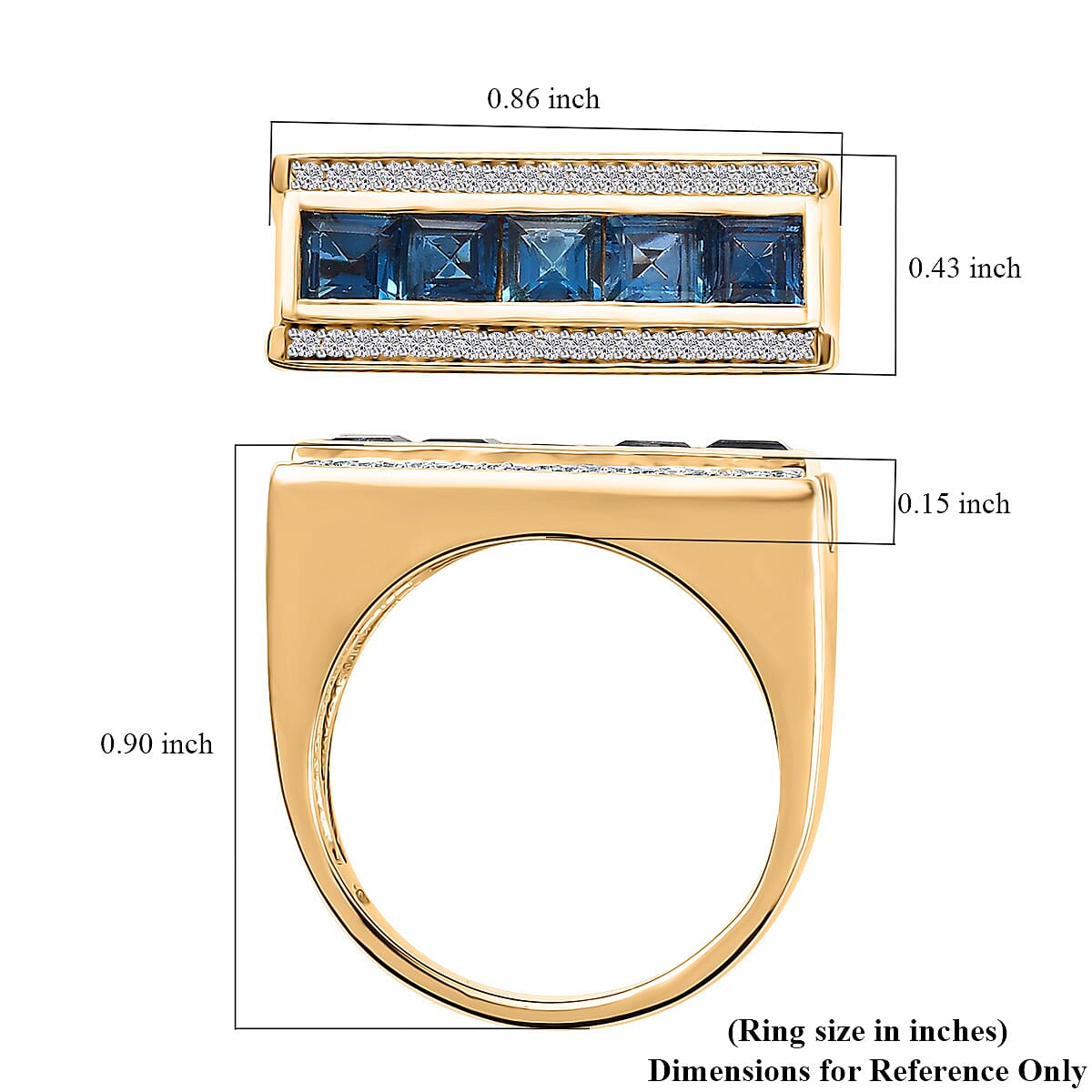 London Blue Topaz and White Zircon Men's Ring in Vermeil Yellow Gold Over Sterling Silver (Size 10.0) 2.50 ctw