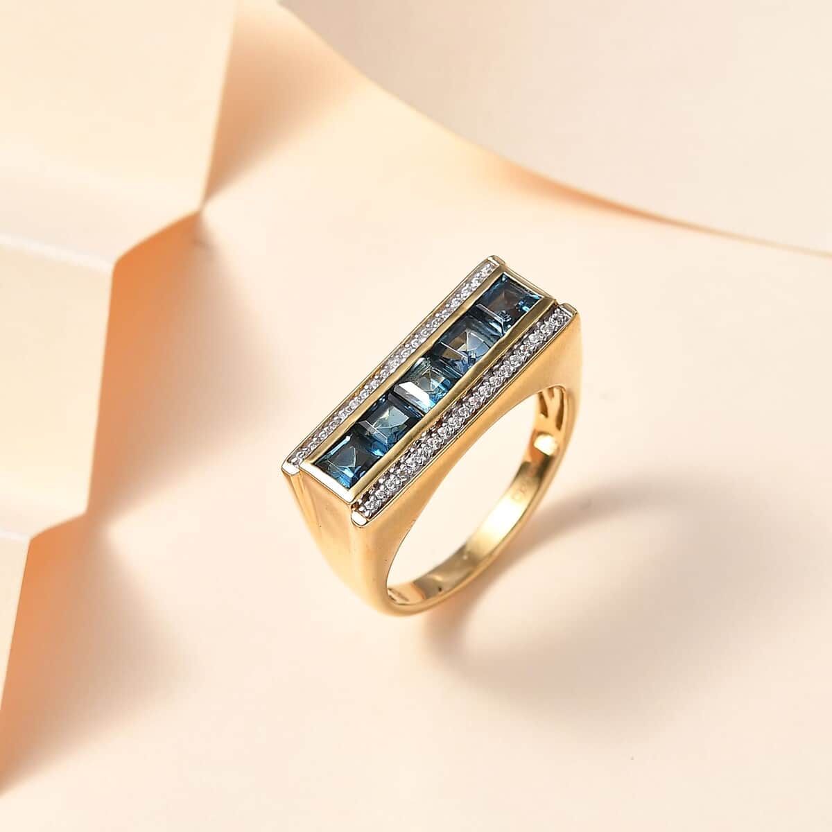 London Blue Topaz and White Zircon Men's Ring in Vermeil Yellow Gold Over Sterling Silver (Size 9.0) 2.50 ctw image number 1