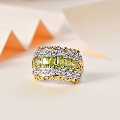Premium Sphene and White Zircon Halo Ring in 18K Vermeil YG and Rhodium Over Sterling Silver (Size 10.0) 2.65 ctw