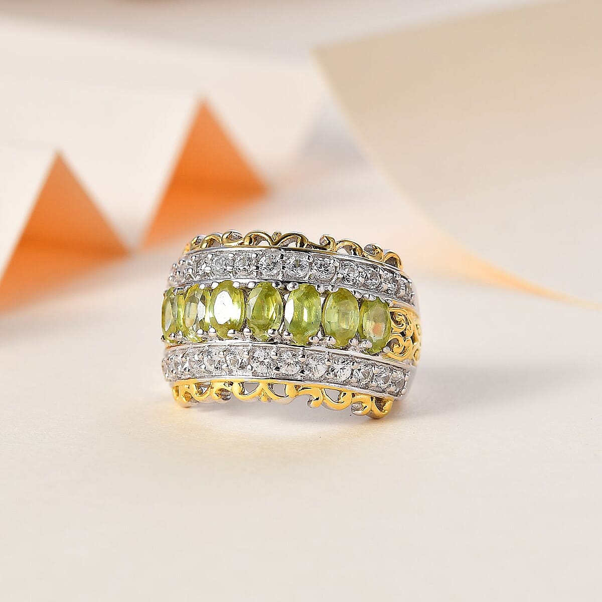 Premium Sphene and White Zircon Halo Ring in 18K Vermeil YG and Rhodium Over Sterling Silver (Size 9.0) 2.65 ctw image number 1