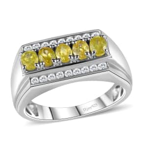 Premium Sphene and Moissanite Men's Ring in Rhodium Over Sterling Silver (Size 10.0) 1.35 ctw