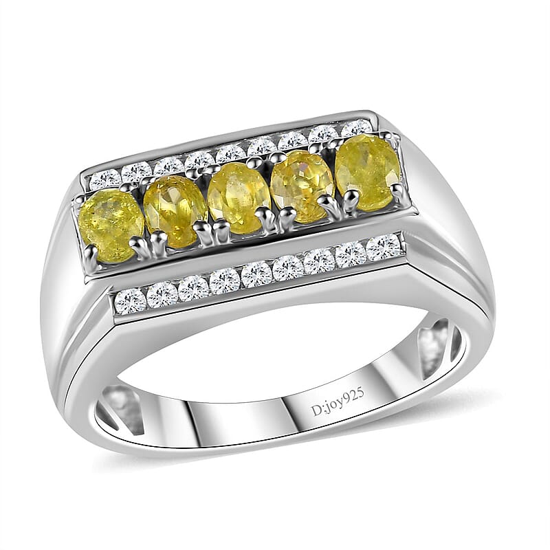 D'Joy Premium Sphene and Moissanite Men's Ring in Rhodium Over Sterling Silver (Size 10.0) 1.35 ctw