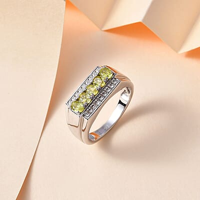 D'Joy Premium Sphene and Moissanite Men's Ring in Rhodium Over Sterling Silver (Size 10.0) 1.35 ctw
