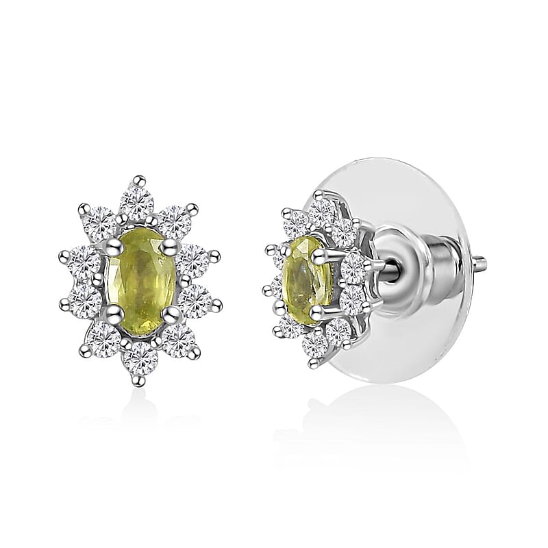 Premium Sphene and White Zircon Sunburst Earrings in Rhodium Over Sterling Silver 0.90 ctw