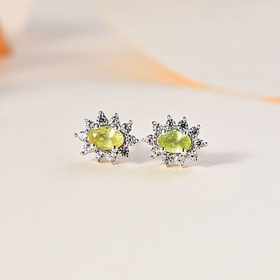 Premium Sphene and White Zircon Sunburst Earrings in Rhodium Over Sterling Silver 0.90 ctw