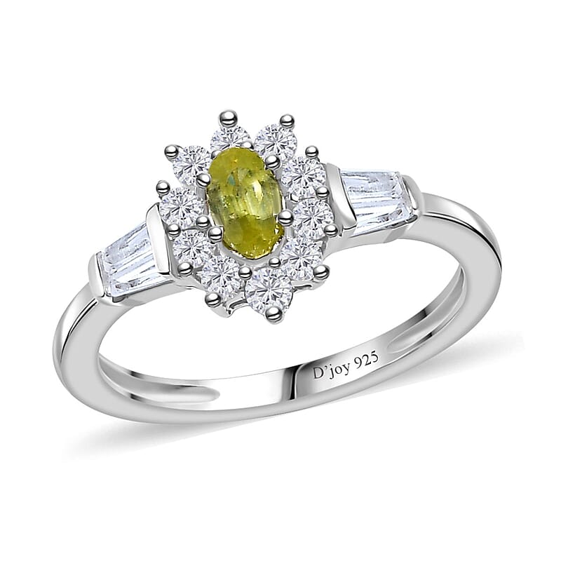 Premium Sphene and White Zircon Halo Ring in Rhodium Over Sterling Silver (Size 10.0) 1.00 ctw