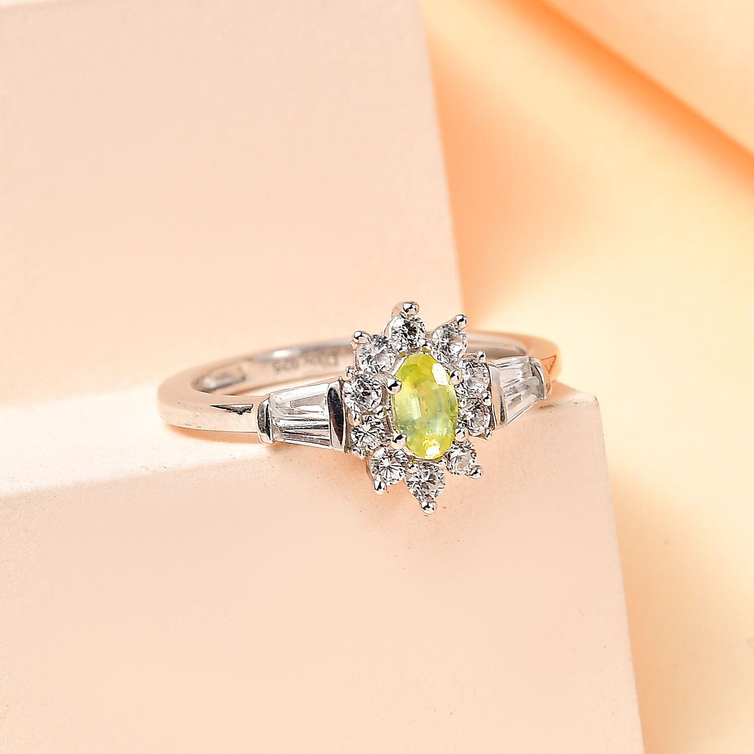 Premium Sphene and White Zircon Halo Ring in Rhodium Over Sterling Silver (Size 10.0) 1.00 ctw