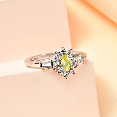 Premium Sphene and White Zircon Halo Ring in Rhodium Over Sterling Silver (Size 10.0) 1.00 ctw