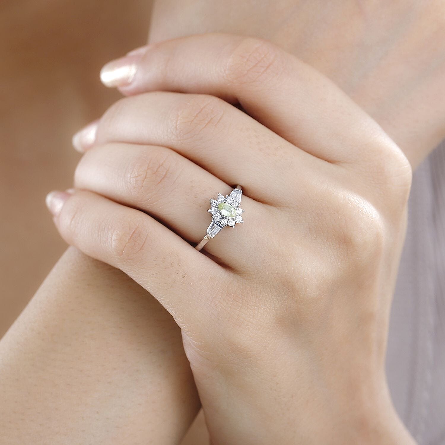 Premium Sphene and White Zircon Halo Ring in Rhodium Over Sterling Silver (Size 10.0) 1.00 ctw