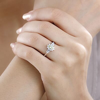 Premium Sphene and White Zircon Halo Ring in Rhodium Over Sterling Silver (Size 10.0) 1.00 ctw