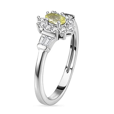 Premium Sphene and White Zircon Halo Ring in Rhodium Over Sterling Silver (Size 10.0) 1.00 ctw