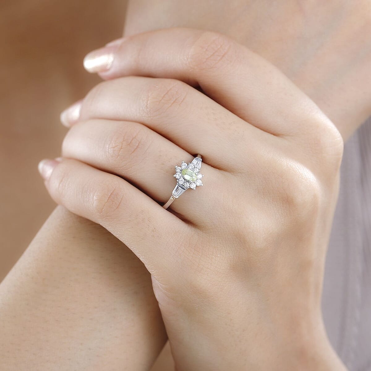 Premium Sphene and White Zircon Halo Ring in Rhodium Over Sterling Silver (Size 5.0) 1.00 ctw image number 2