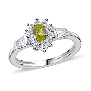 Premium Sphene and White Zircon Halo Ring in Rhodium Over Sterling Silver (Size 8.0) 1.00 ctw