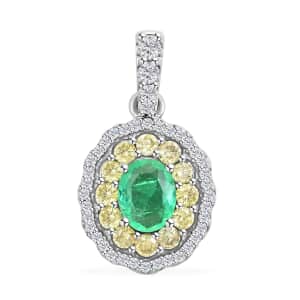 Luxoro 14K White Gold AAA Boyaca Colombian Emerald, I2 Natural Yellow and White Diamond Double Halo Pendant 1.00 ctw