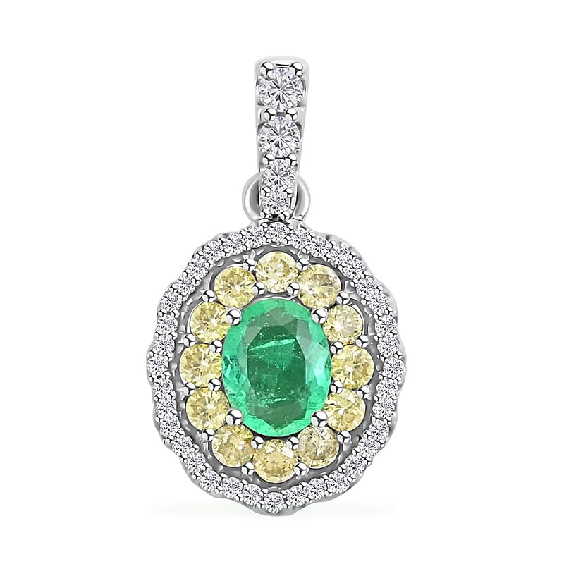 Luxoro 14K White Gold AAA Boyaca Colombian Emerald, I2 Natural Yellow and White Diamond Double Halo Pendant 1.00 ctw