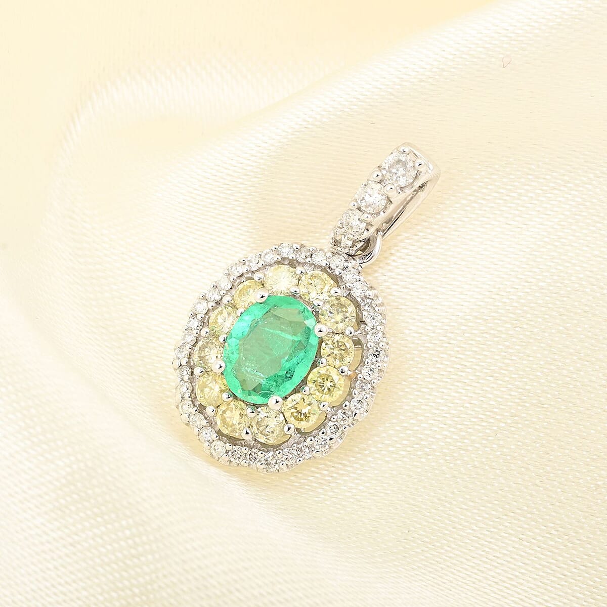 Luxoro 14K White Gold AAA Boyaca Colombian Emerald, I2 Natural Yellow and White Diamond Double Halo Pendant 1.00 ctw image number 1