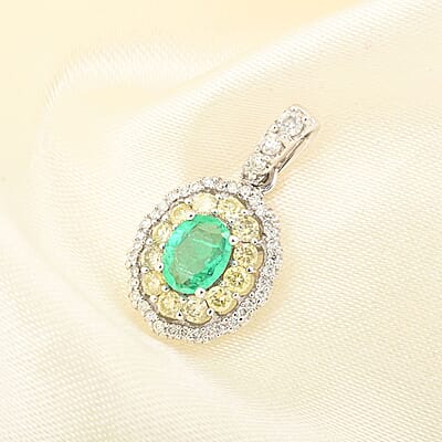 Luxoro 14K White Gold AAA Boyaca Colombian Emerald, I2 Natural Yellow and White Diamond Double Halo Pendant 1.00 ctw