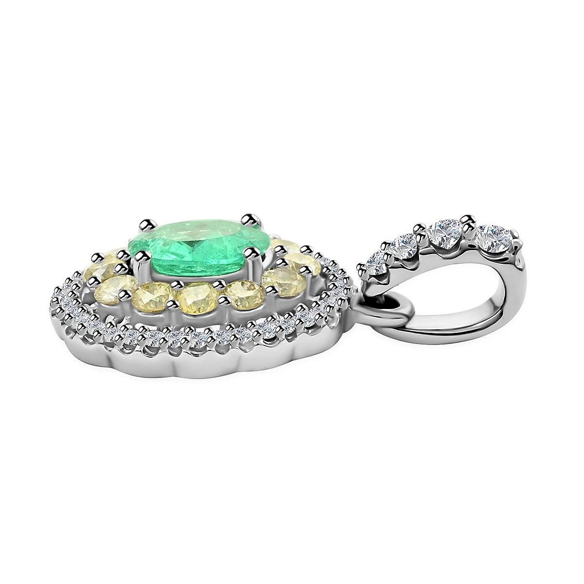 Luxoro 14K White Gold AAA Boyaca Colombian Emerald, I2 Natural Yellow and White Diamond Double Halo Pendant 1.00 ctw image number 3