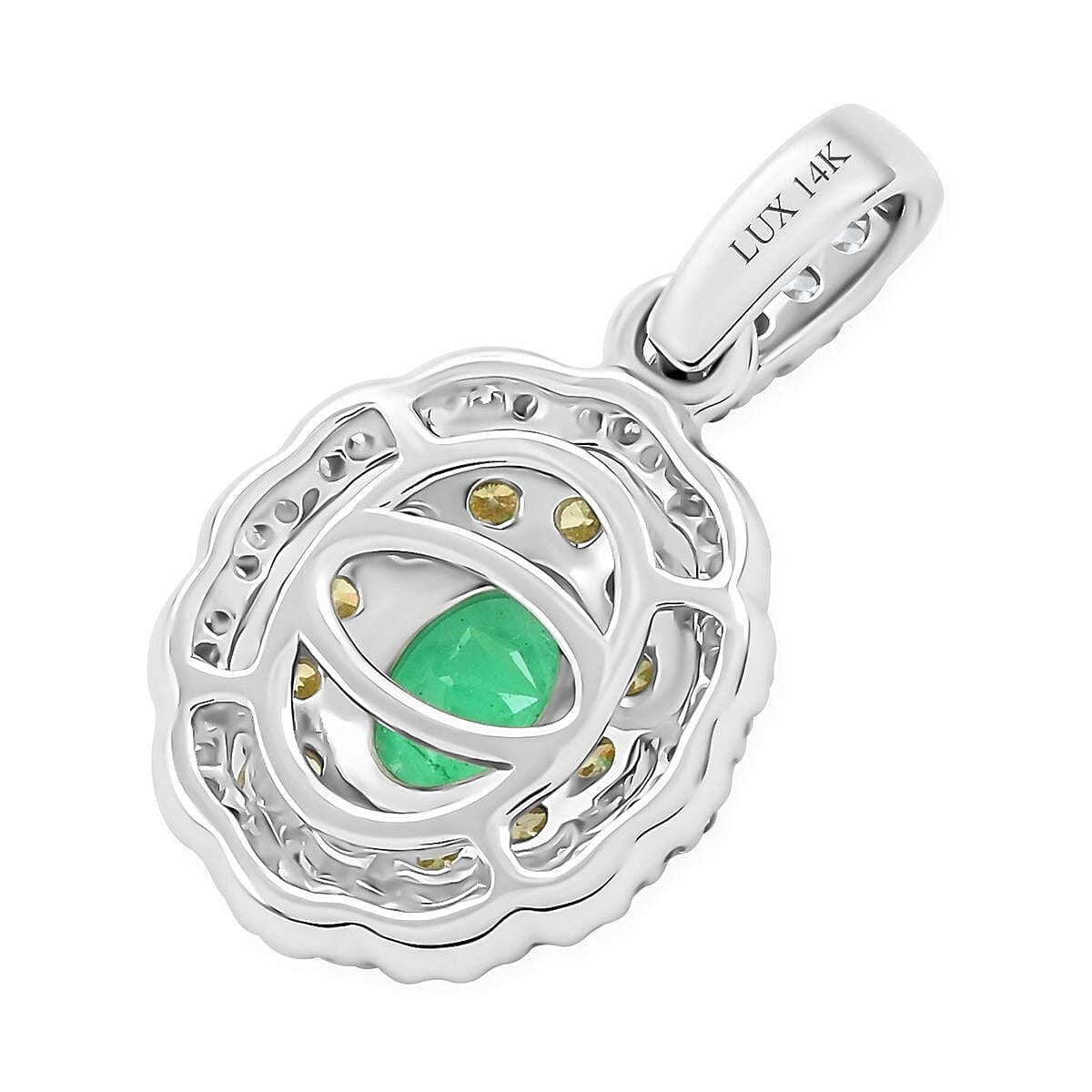 Luxoro 14K White Gold AAA Boyaca Colombian Emerald, I2 Natural Yellow and White Diamond Double Halo Pendant 1.00 ctw image number 4