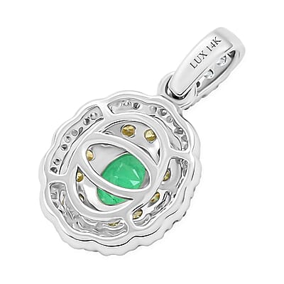 Luxoro 14K White Gold AAA Boyaca Colombian Emerald, I2 Natural Yellow and White Diamond Double Halo Pendant 1.00 ctw
